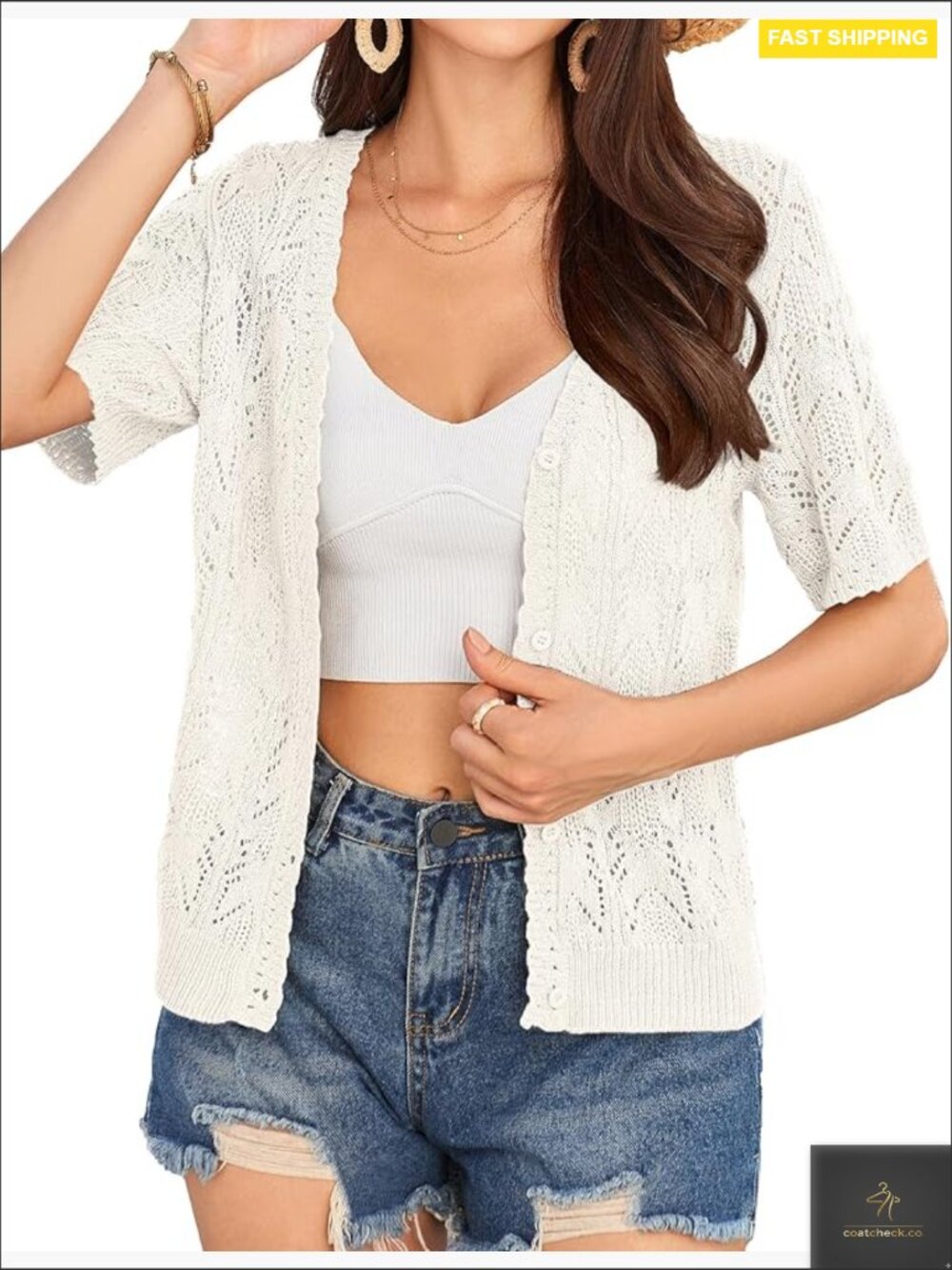 Lightweight Crochet Cardigan Cropped Sweater V-Neck Button Front Summer Shrug